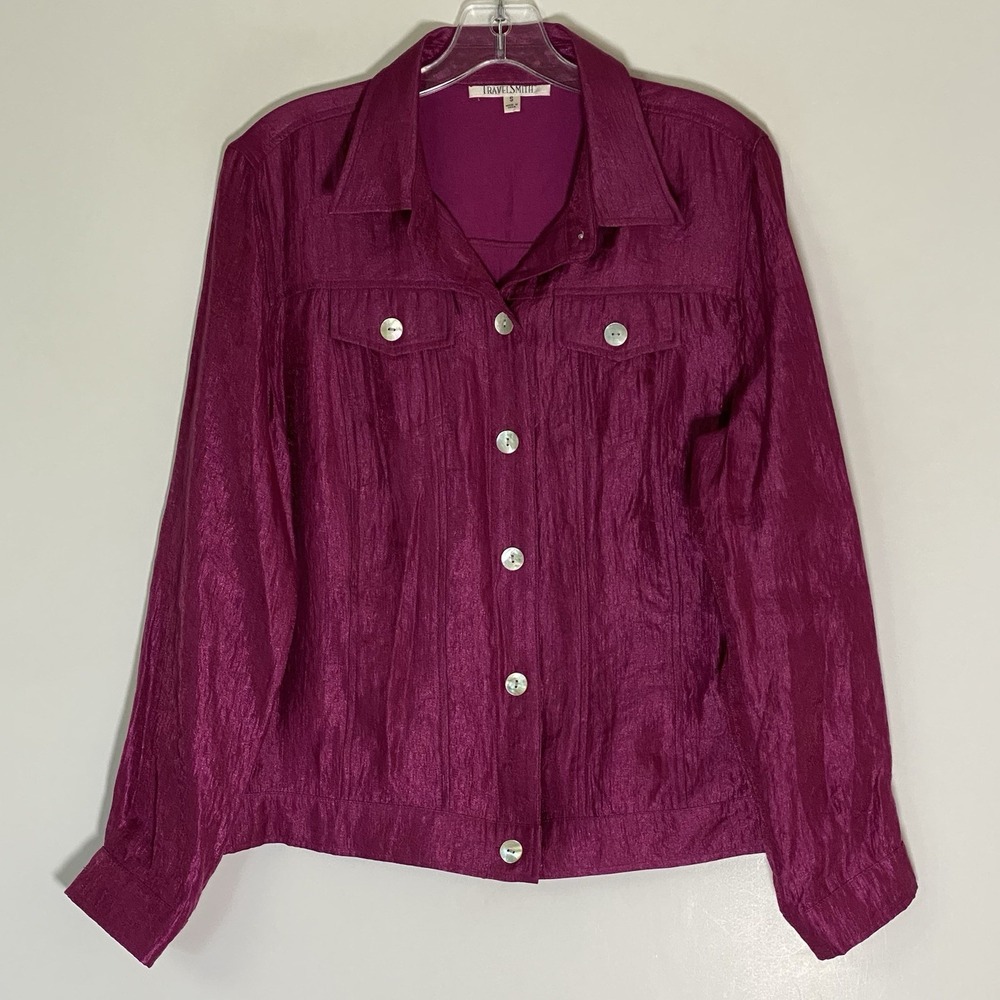TravelSmith Top Womens Small Pink Satin Long Sleeve Button Up Classy Causal S